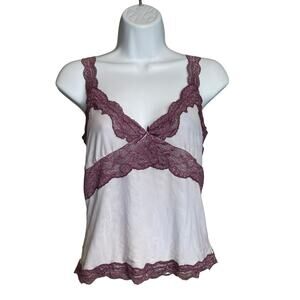 Y2K Women's White Burgundy Lace Trim Camisole Top Size L‎ Britney Vibes GND Vamp